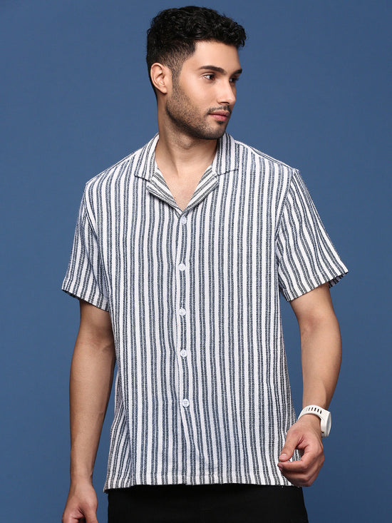 Men Cuban Collar Striped White Relaxed Fit Shirt-Jude-2882-White