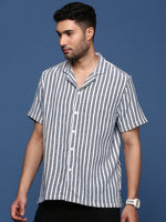 Men Cuban Collar Striped White Relaxed Fit Shirt-Jude-2882-White