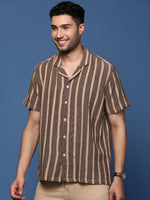 Men Cuban Collar Striped Beige Relaxed Fit Shirt-Jude-2887-Beige