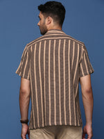 Men Cuban Collar Striped Beige Relaxed Fit Shirt-Jude-2887-Beige