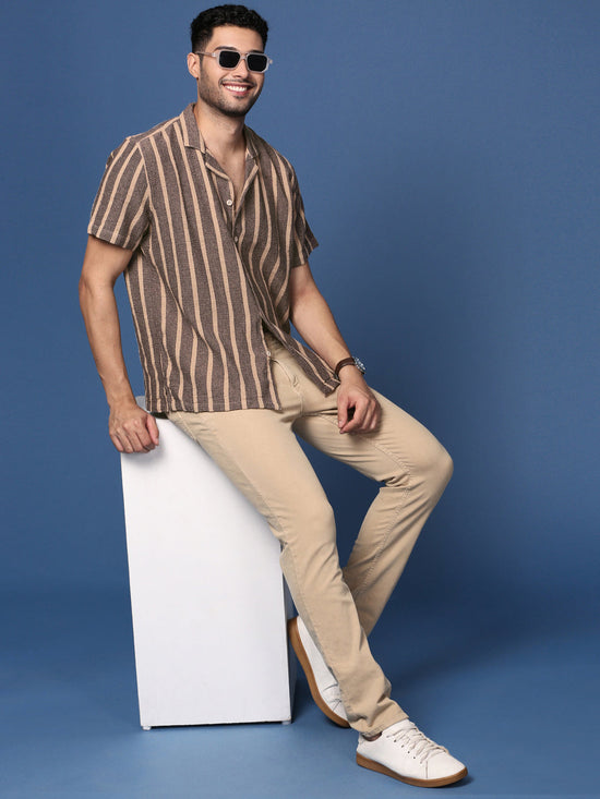 Men Cuban Collar Striped Beige Relaxed Fit Shirt-Jude-2887-Beige