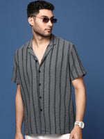 Men Cuban Collar Striped Charcoal Relaxed Fit Shirt-Jude-2891-Charcoal