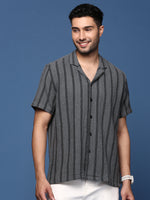 Men Cuban Collar Striped Charcoal Relaxed Fit Shirt-Jude-2891-Charcoal