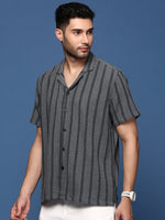 Men Cuban Collar Striped Charcoal Relaxed Fit Shirt-Jude-2891-Charcoal