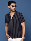 Men Cuban Collar Striped Charcoal Relaxed Fit Shirt-Jude-2892-Charcoal