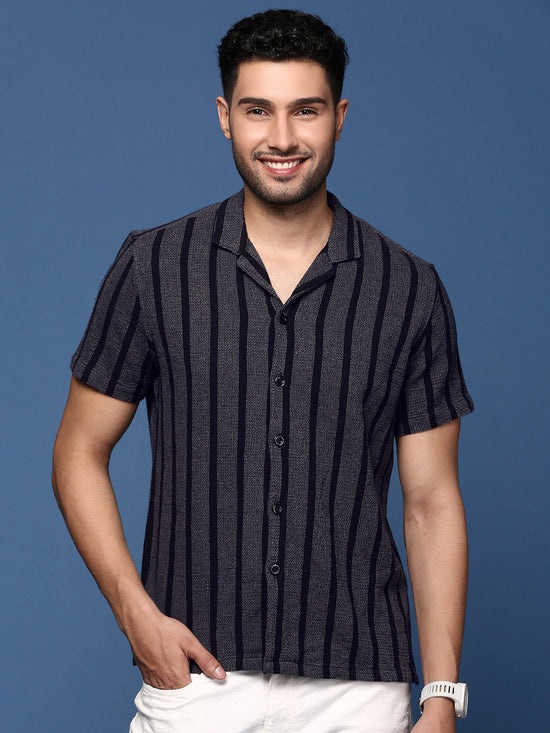 Men Cuban Collar Striped Charcoal Relaxed Fit Shirt-Jude-2892-Charcoal