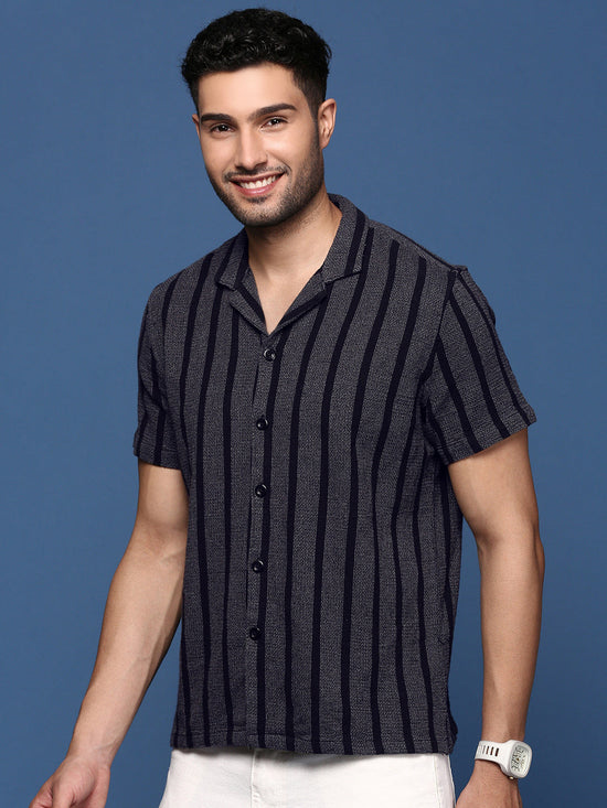 Men Cuban Collar Striped Charcoal Relaxed Fit Shirt-Jude-2892-Charcoal