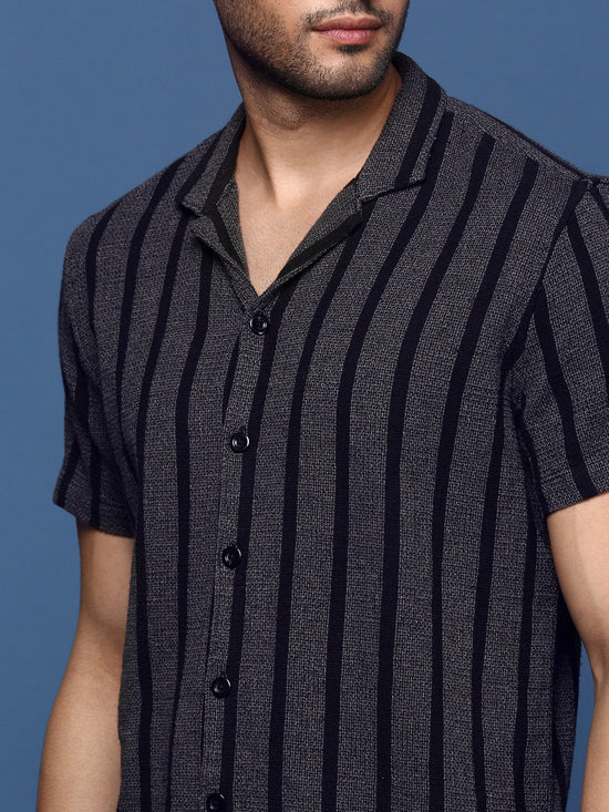 Men Cuban Collar Striped Charcoal Relaxed Fit Shirt-Jude-2892-Charcoal