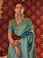 Saree Mall Women's  Blend Teal Blue Woven Design Designer Saree With Blouse Piece-KABBY321002