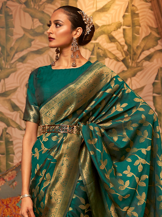 Saree Mall Women's  Blend Teal Green Woven Design Designer Saree With Blouse Piece-KAFILA249002