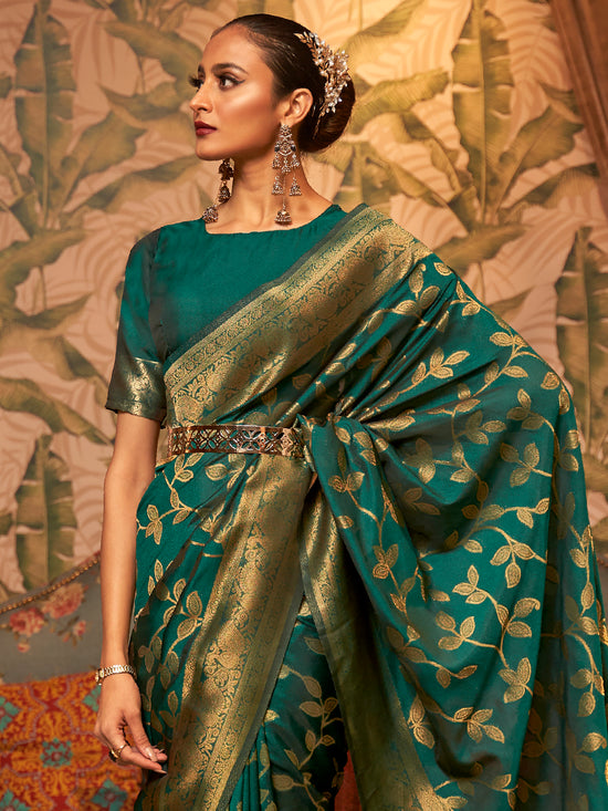 Saree Mall Women's  Blend Teal Green Woven Design Designer Saree With Blouse Piece-KAFILA249002