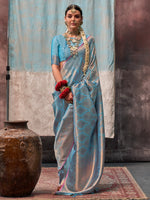 Saree Mall Women's  Blend Light Blue Woven Design Designer Saree With Blouse Piece-KALA14003