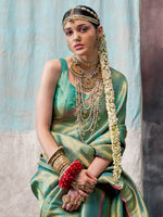 Saree Mall Women's  Blend Sea Green Woven Design Designer Saree With Blouse Piece-KALA14005