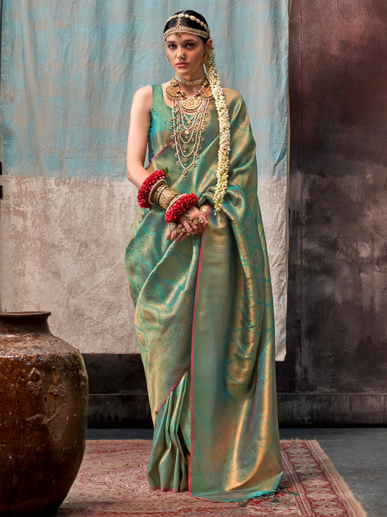 Saree Mall Women's  Blend Sea Green Woven Design Designer Saree With Blouse Piece-KALA14005