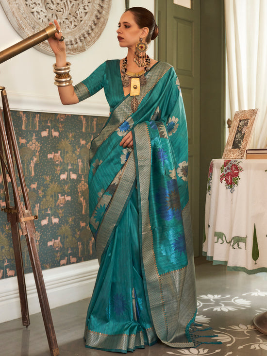 Saree Mall Women's  Blend Teal Blue Woven Design Celebrity Saree With Blouse Piece-KALKI313002