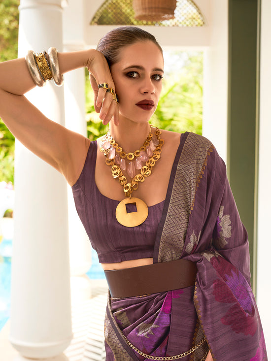 Saree Mall Women's  Blend Purple Woven Design Celebrity Saree With Blouse Piece-KALKI313005