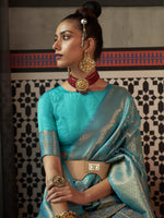 Saree Mall Women's  Blend Teal Blue Woven Design Designer Saree With Blouse Piece-KANVIR3005