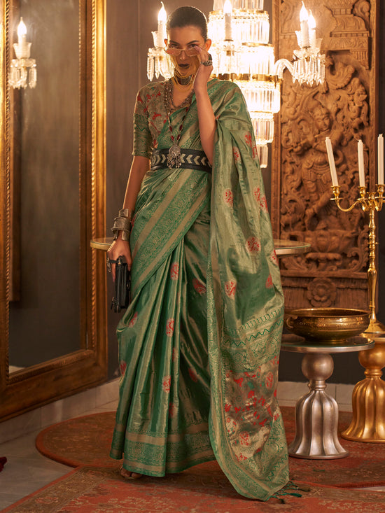 Saree Mall Women's  Blend Green Woven Design Designer Saree With Blouse Piece-KANWAL320001