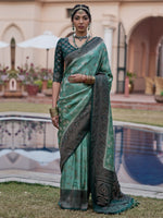 Saree Mall Women's  Blend Sea Green Woven Design Designer Saree With Blouse Piece-KASHA2003