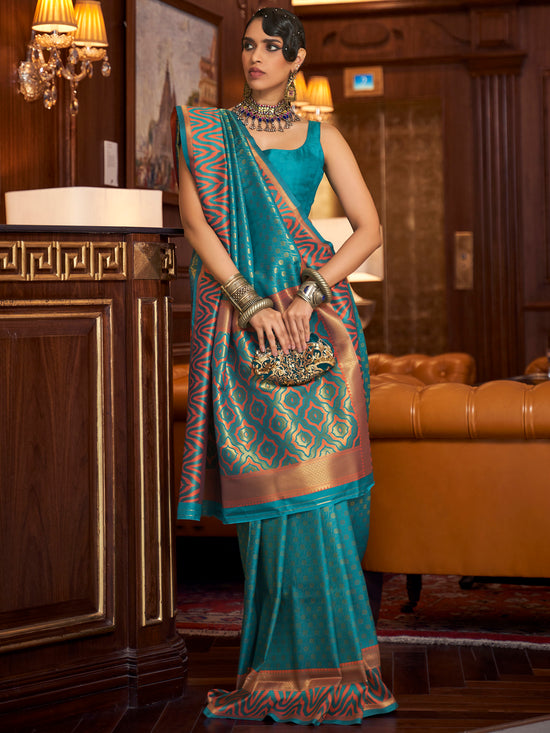 Saree Mall Women's  Blend Turquoise Woven Design Handloom Saree With Blouse Piece-KAZAH271001