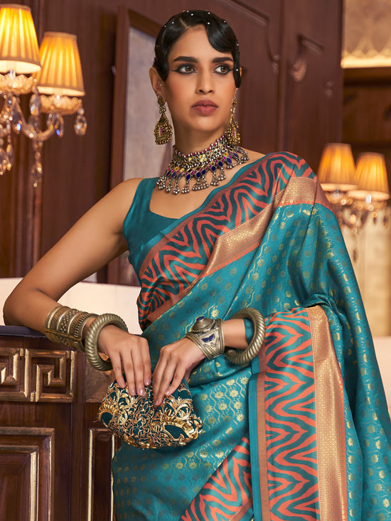 Saree Mall Women's  Blend Turquoise Woven Design Handloom Saree With Blouse Piece-KAZAH271001