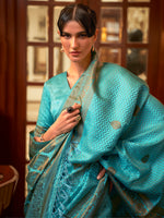 Saree Mall Women's  Blend Turquoise Woven Design Designer Saree With Blouse Piece-KAZEL231002