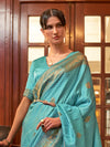 Saree Mall Women's  Blend Turquoise Woven Design Designer Saree With Blouse Piece-KAZEL231002