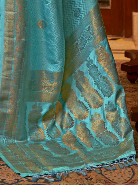 Saree Mall Women's  Blend Turquoise Woven Design Designer Saree With Blouse Piece-KAZEL231002