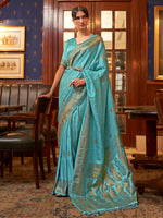 Saree Mall Women's  Blend Turquoise Woven Design Designer Saree With Blouse Piece-KAZEL231002