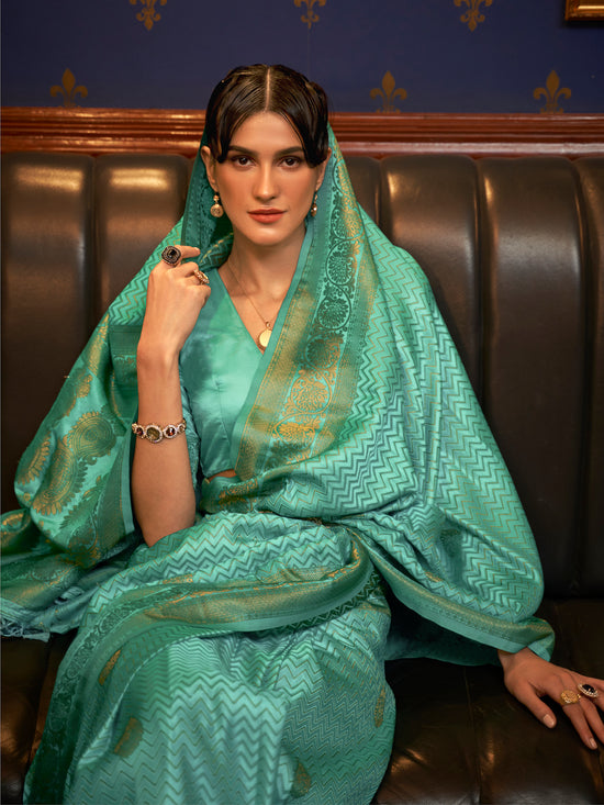 Saree Mall Women's  Blend Sea Green Woven Design Designer Saree With Blouse Piece-KAZEL231004