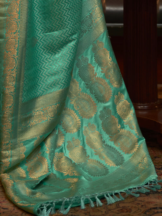 Saree Mall Women's  Blend Sea Green Woven Design Designer Saree With Blouse Piece-KAZEL231004