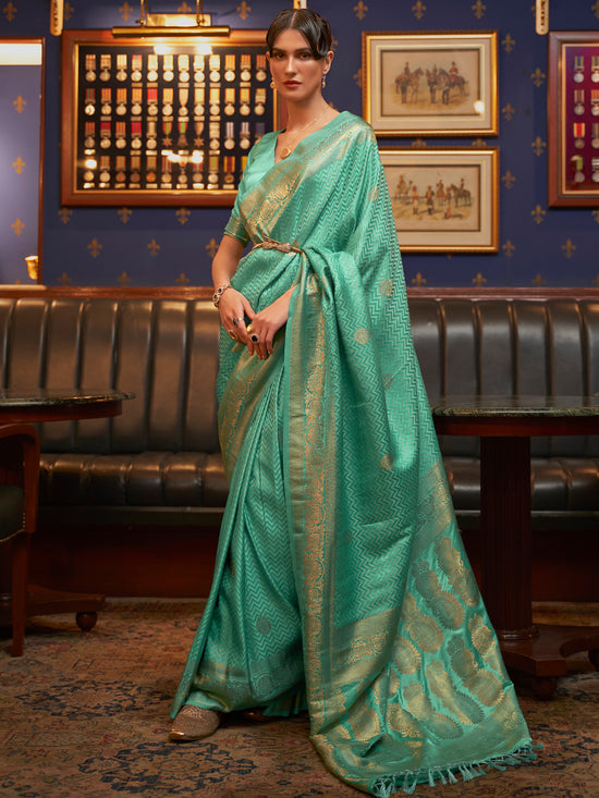 Saree Mall Women's  Blend Sea Green Woven Design Designer Saree With Blouse Piece-KAZEL231004