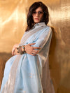 Saree Mall Women's Linen Light Blue Woven Design Designer Saree With Blouse Piece-KELLY371003