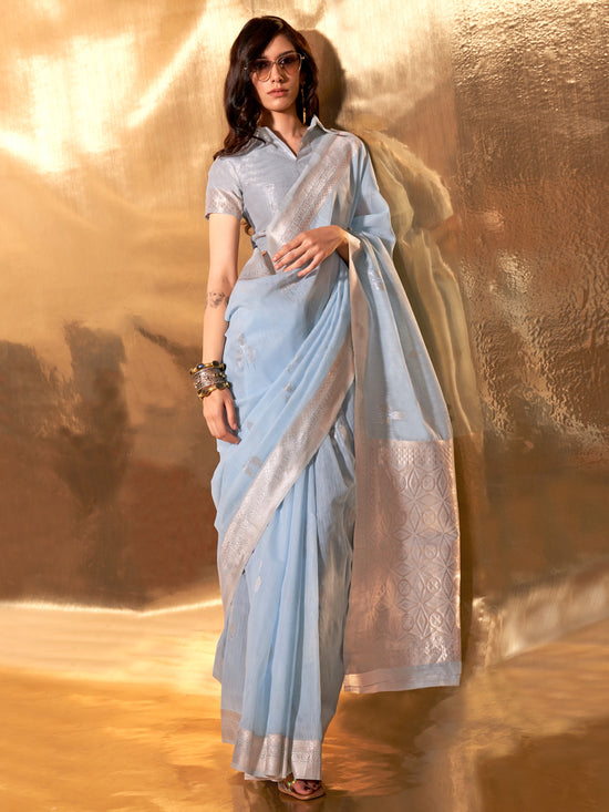 Saree Mall Women's Linen Light Blue Woven Design Designer Saree With Blouse Piece-KELLY371003