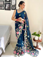 Saree Mall Women's Georgette Teal Blue Embellished Designer Saree With Blouse Piece-KESARI4503