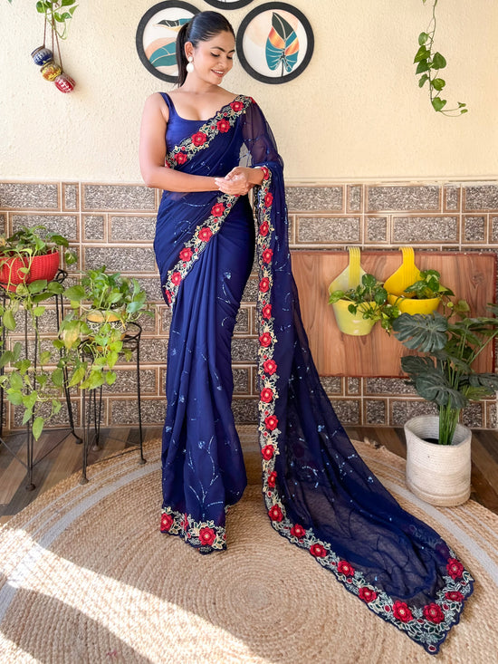 Saree Mall Women's Georgette Navy Blue Embellished Designer Saree With Blouse Piece-KESARI5602