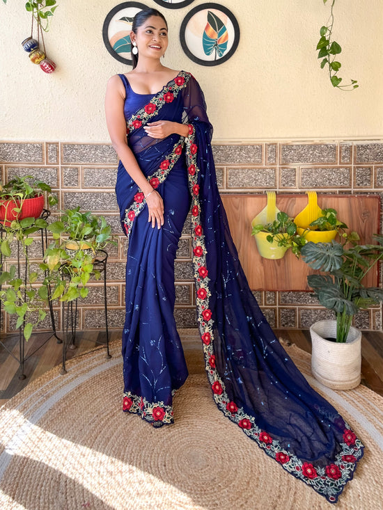 Saree Mall Women's Georgette Navy Blue Embellished Designer Saree With Blouse Piece-KESARI5602