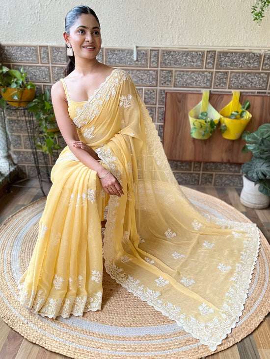 Saree Mall Women's Georgette Yellow Embroidered Designer Saree With Blouse Piece-KESARI5707