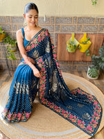 Saree Mall Women's Georgette Teal Blue Embellished Designer Saree With Blouse Piece-KESARI6206