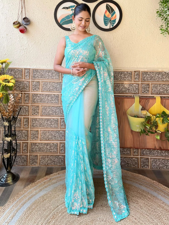 Saree Mall Women's Net Light Blue Embellished Designer Saree With Blouse Piece-KESARI6406