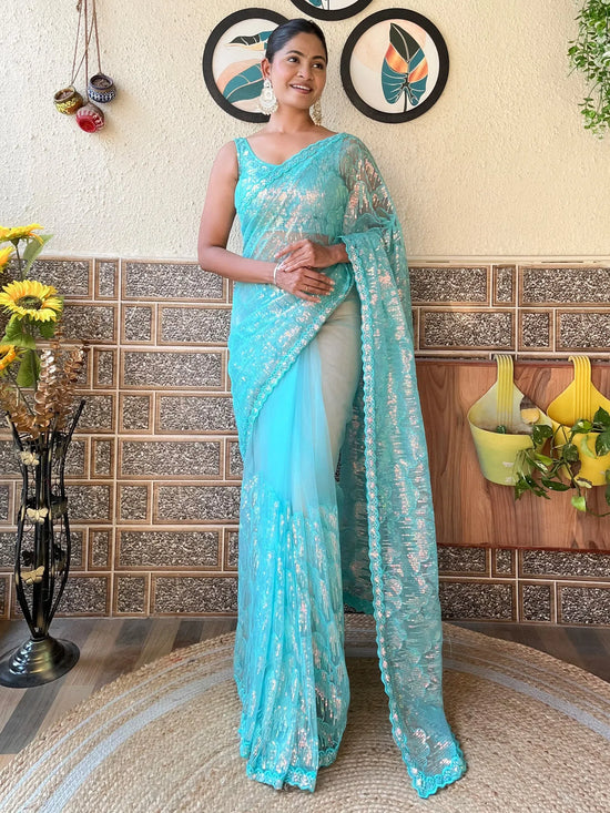 Saree Mall Women's Net Light Blue Embellished Designer Saree With Blouse Piece-KESARI6406