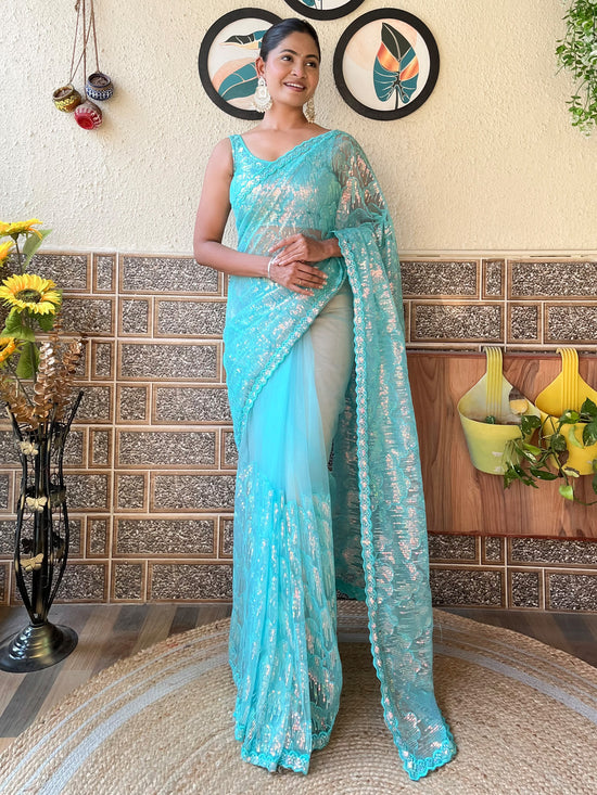 Saree Mall Women's Net Light Blue Embellished Designer Saree With Blouse Piece-KESARI6406