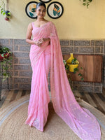 Saree Mall Women's Georgette Pink Embellished Designer Saree With Blouse Piece-KESARI6905