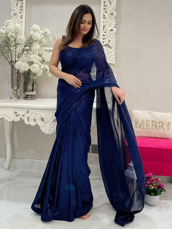 Saree Mall Women's Georgette Navy Blue Embellished Designer Saree With Blouse Piece-KESARI7207