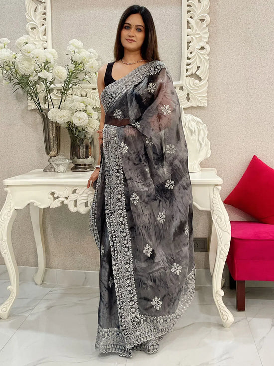 Saree Mall Women's Organza Charcoal Grey Embroidered Designer Saree With Blouse Piece-KESARI8201