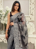 Saree Mall Women's Organza Charcoal Grey Embroidered Designer Saree With Blouse Piece-KESARI8201