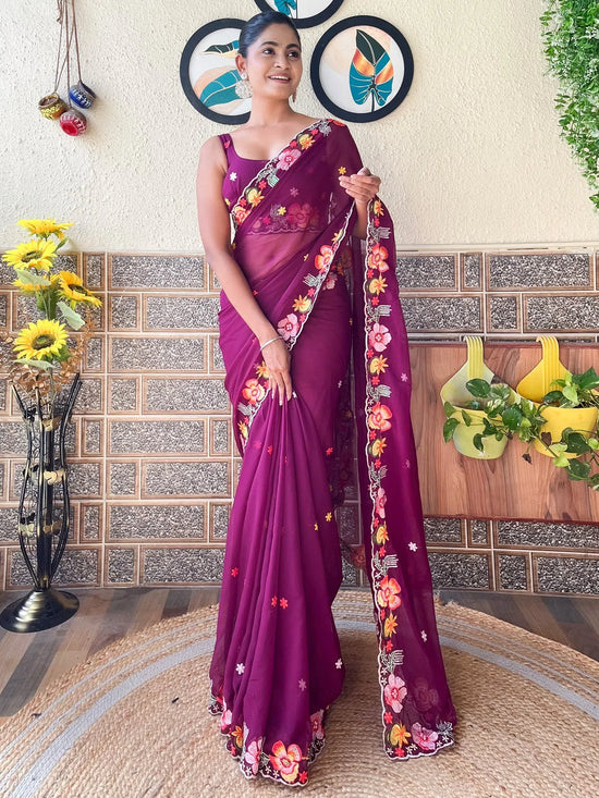 Saree Mall Women's Georgette Magenta Embroidered Designer Saree With Blouse Piece-KESARI9105