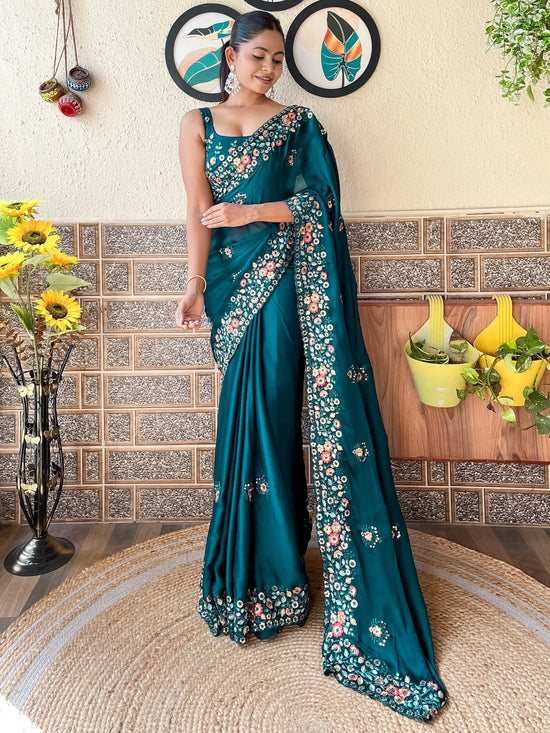 Saree Mall Women's Chiffon Teal Blue Embellished Designer Saree With Blouse Piece-KESARI9204