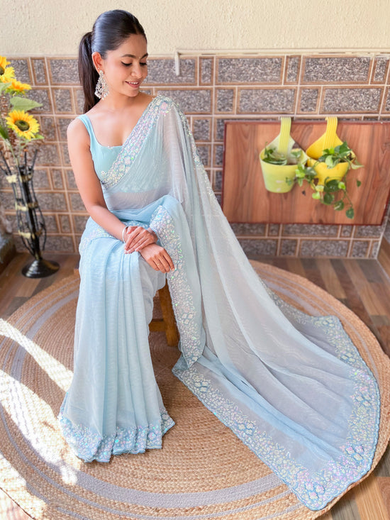 Saree Mall Women's Georgette Light Blue Embellished Designer Saree With Blouse Piece-KESARI9502