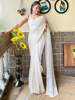 Saree Mall Women's Georgette Off White Embellished Designer Saree With Blouse Piece-KESARI9504